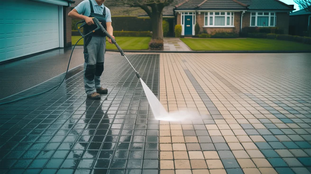Rotary surface cleaner pressure washing a block paving driveway, with the cleaned strip contrasting against the dirty surface