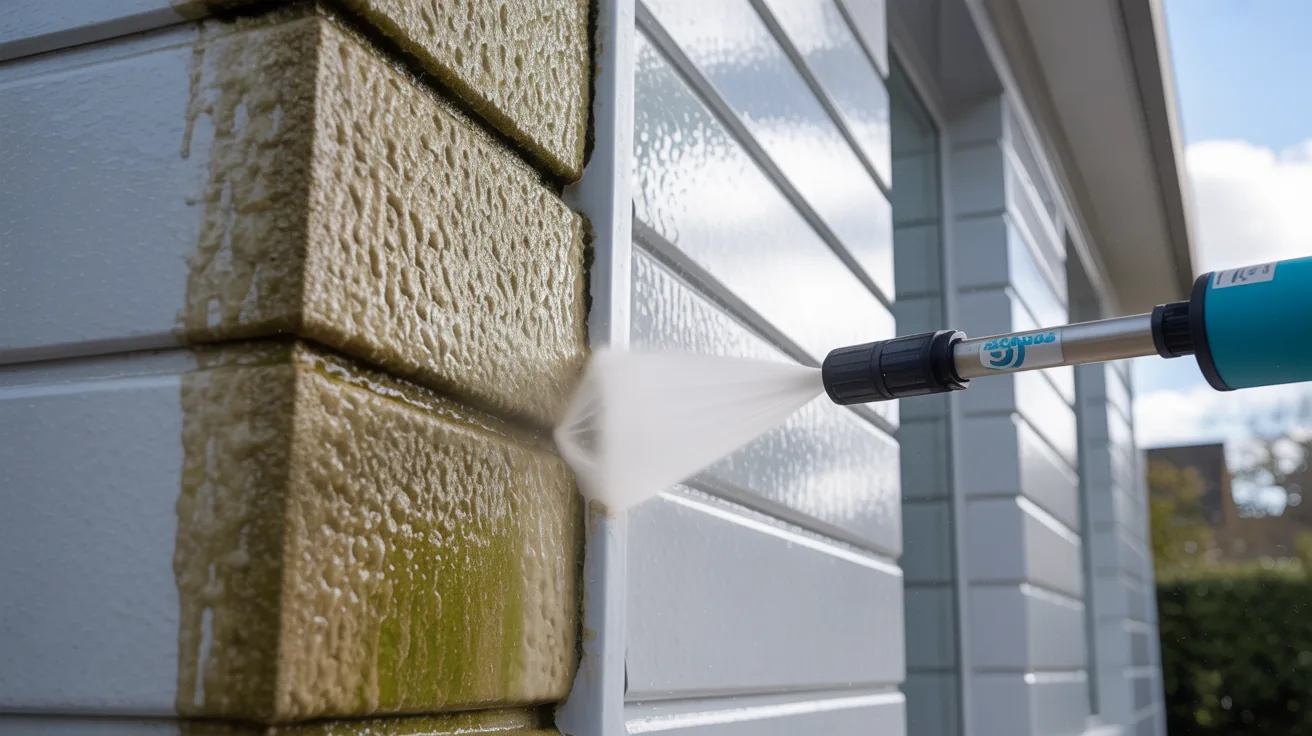Softwash biocide being applied at low pressure to an algae stained rendered wall on a Lancashire house