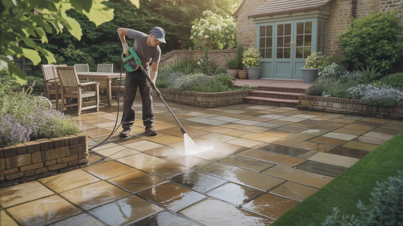 Natural stone patio part way through cleaning, with the treated flags noticeably lighter than the green algae covered section alongside