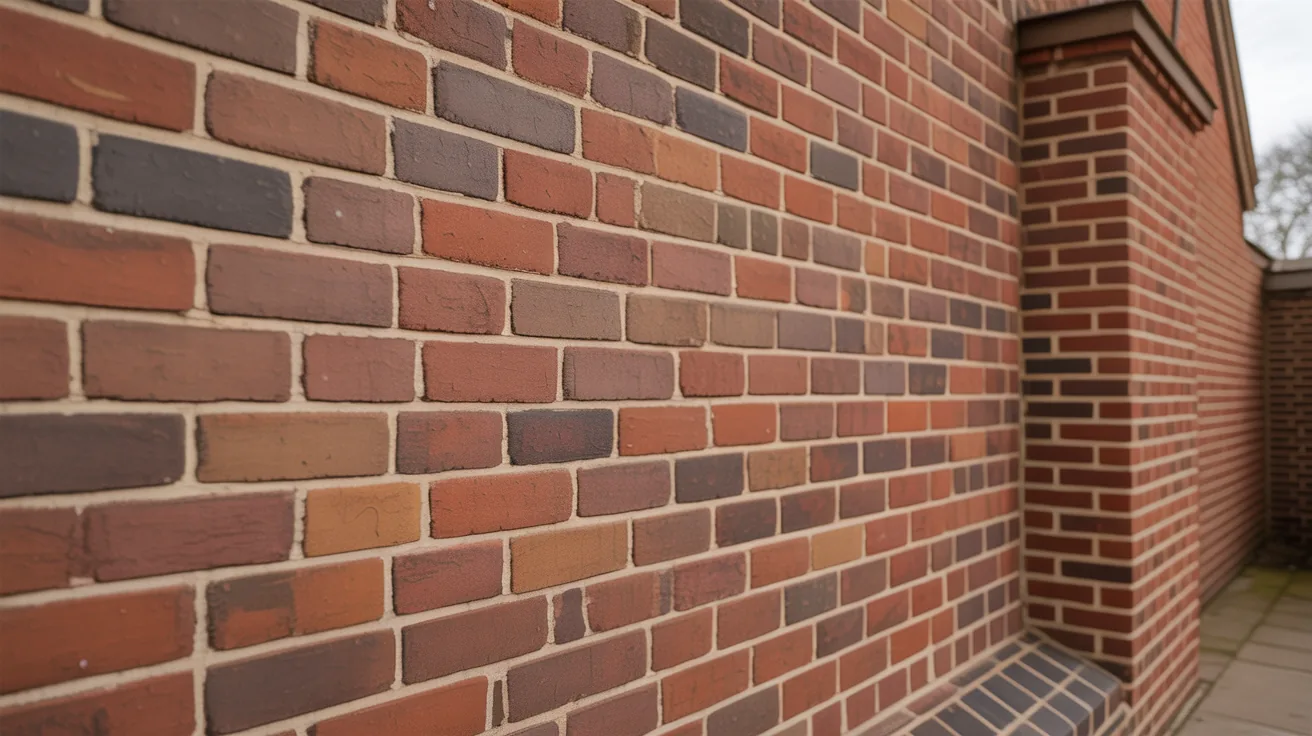 Lancashire red brick wall part cleaned, with soot and algae staining still visible on the untreated brickwork beside the restored section