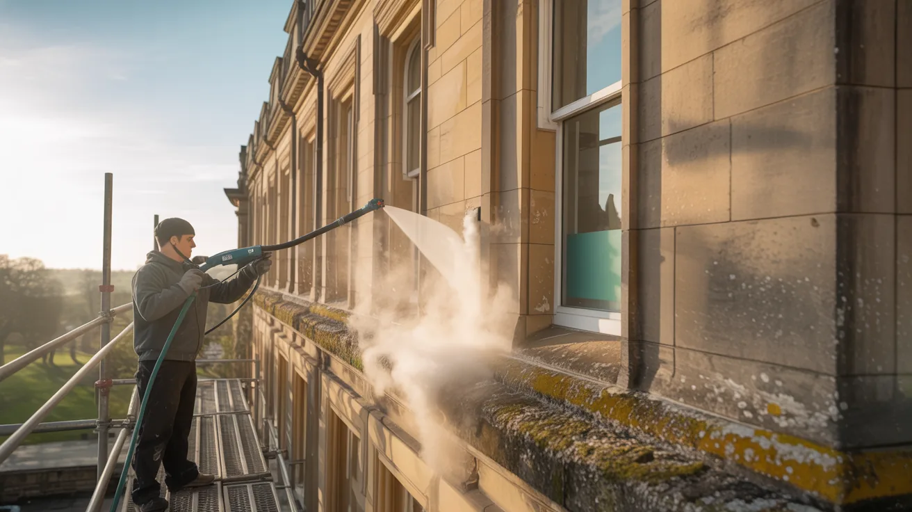DOFF superheated water lance cleaning soot blackened sandstone on a listed Lancashire building